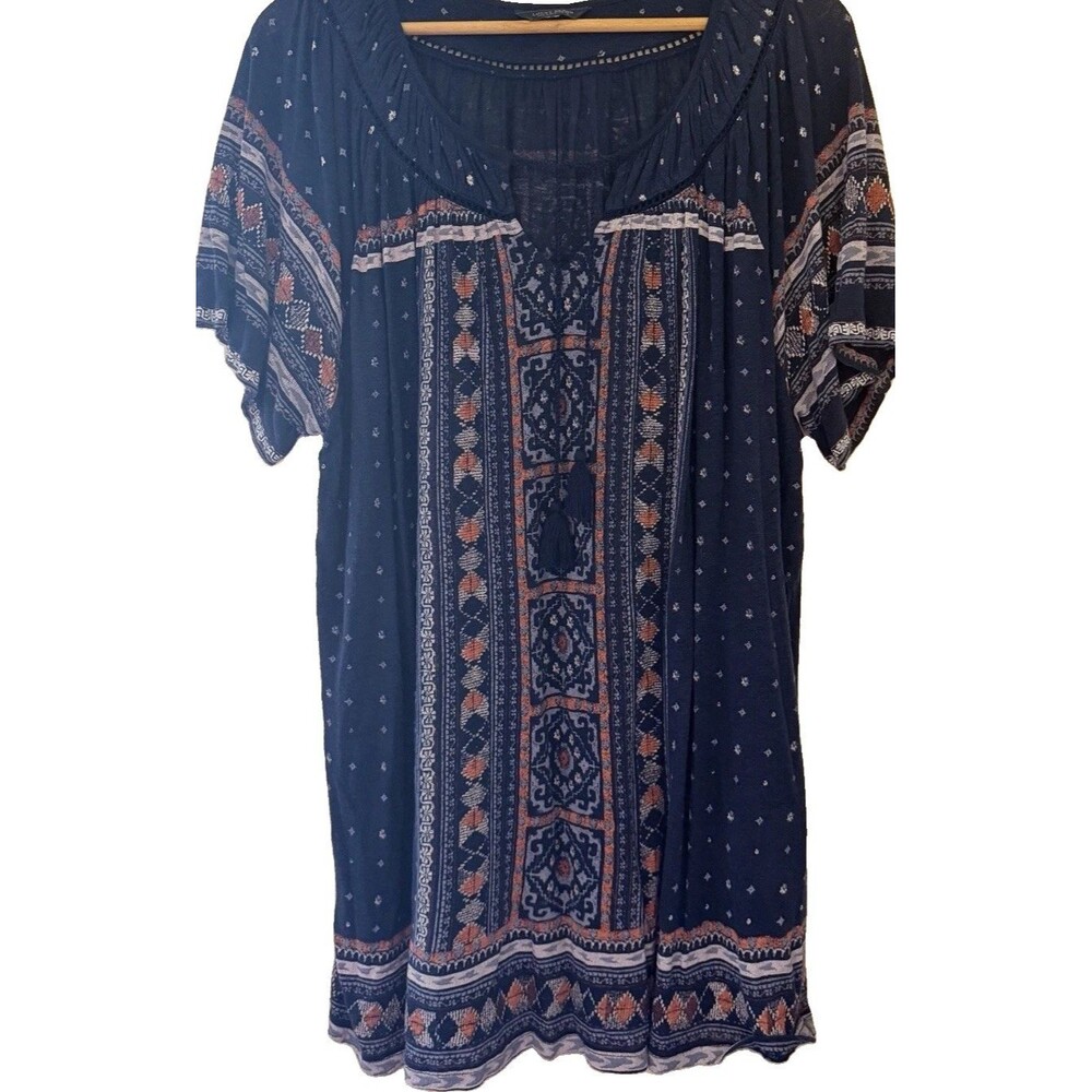 Lucky Brand Womens 2X Blue Boho Paisley Print Tunic Top Short Sleeve Plus Size - Picture 2 of 7
